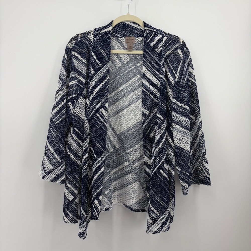 Chico's Size 3 / XL Navy Blue White Cardigan Mesh Knit Geometric Open Front